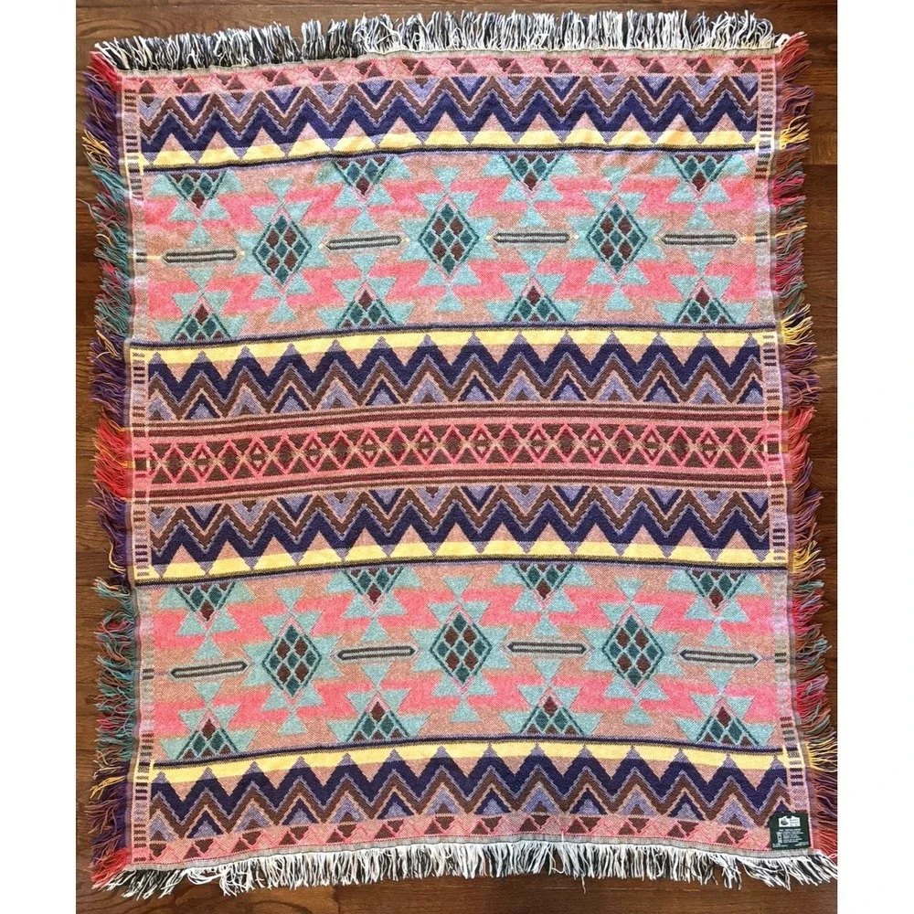 Vintage Goodwin Weavers Aztec Southwest Throw Blanket Fringe 60